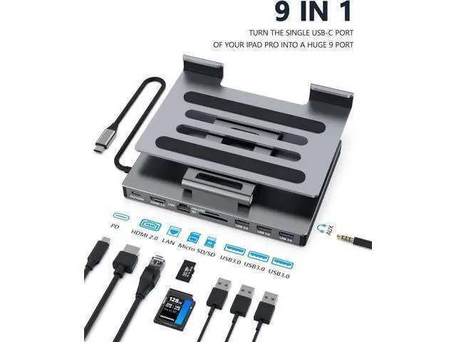 Alt view image 3 of 7 - USB-C Docking Station with Foldable Aluminum Tablet Stand, Multiport Type C Hub and 9-in-1 Adapter for iPad Pro M4 M2 13 12.9 11 Inch 4K 60Hz HDMI, RJ45 Gigabit Ethernet, SD/TF 3 USB 3.0, 3.5 mm Audio