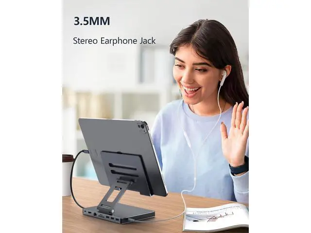 Alt view image 4 of 7 - USB-C Docking Station with Foldable Aluminum Tablet Stand, Multiport Type C Hub and 9-in-1 Adapter for iPad Pro M4 M2 13 12.9 11 Inch 4K 60Hz HDMI, RJ45 Gigabit Ethernet, SD/TF 3 USB 3.0, 3.5 mm Audio