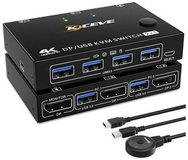 Main image of USB 3.0 KVM Switch DisplayPort 2 Ports 3440x1440@144Hz,3840x2160@60Hz for 2 PC 1 Monitor to Share 4 USB 3.0 Devices,DP KVM Switch 2 in 1 Out Includes 2 USB3.0 Cables and Wired Controller