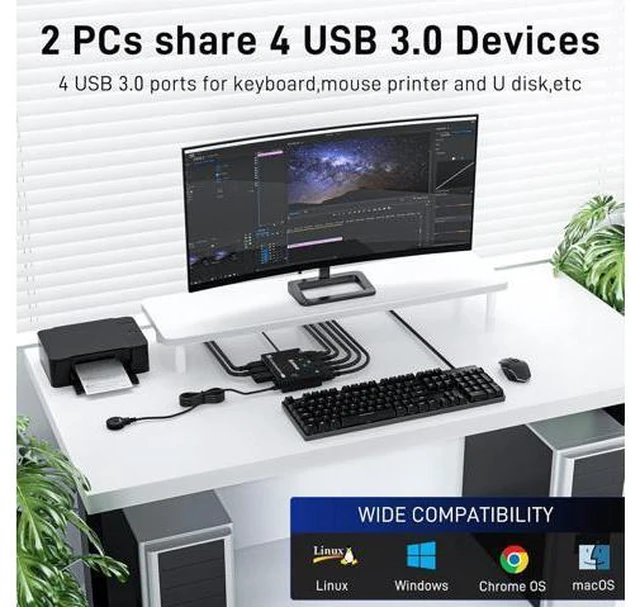Alt view image 4 of 7 - USB 3.0 KVM Switch DisplayPort 2 Ports 3440x1440@144Hz,3840x2160@60Hz for 2 PC 1 Monitor to Share 4 USB 3.0 Devices,DP KVM Switch 2 in 1 Out Includes 2 USB3.0 Cables and Wired Controller