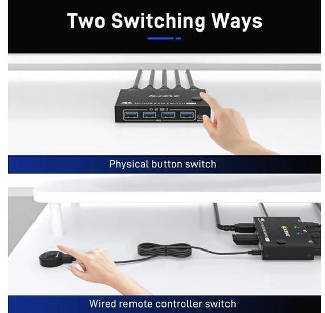 Alt view image 5 of 7 - USB 3.0 KVM Switch DisplayPort 2 Ports 3440x1440@144Hz,3840x2160@60Hz for 2 PC 1 Monitor to Share 4 USB 3.0 Devices,DP KVM Switch 2 in 1 Out Includes 2 USB3.0 Cables and Wired Controller
