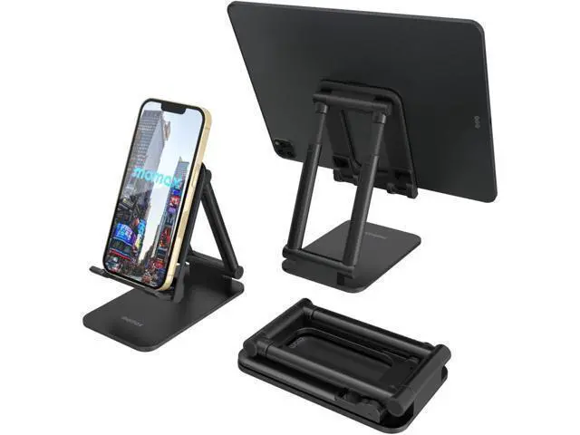 Main image of MOMAX Cell Phone Stand, Phone Holder - Fully Foldable & Height Adjustable Mobile Stand for Desk, Compatible with iPhone 14 13 12 Mini Pro Max, iPad, Galaxy, Kindle, Switch, Phones & Tablets (4-10")