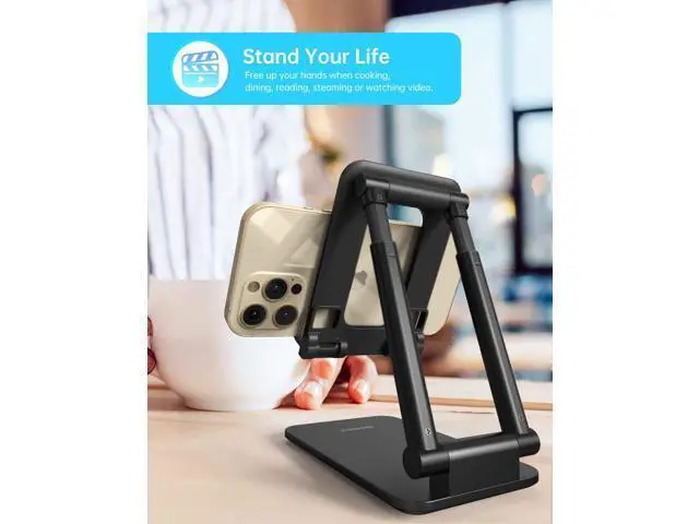 Alt view image 2 of 7 - MOMAX Cell Phone Stand, Phone Holder - Fully Foldable & Height Adjustable Mobile Stand for Desk, Compatible with iPhone 14 13 12 Mini Pro Max, iPad, Galaxy, Kindle, Switch, Phones & Tablets (4-10")