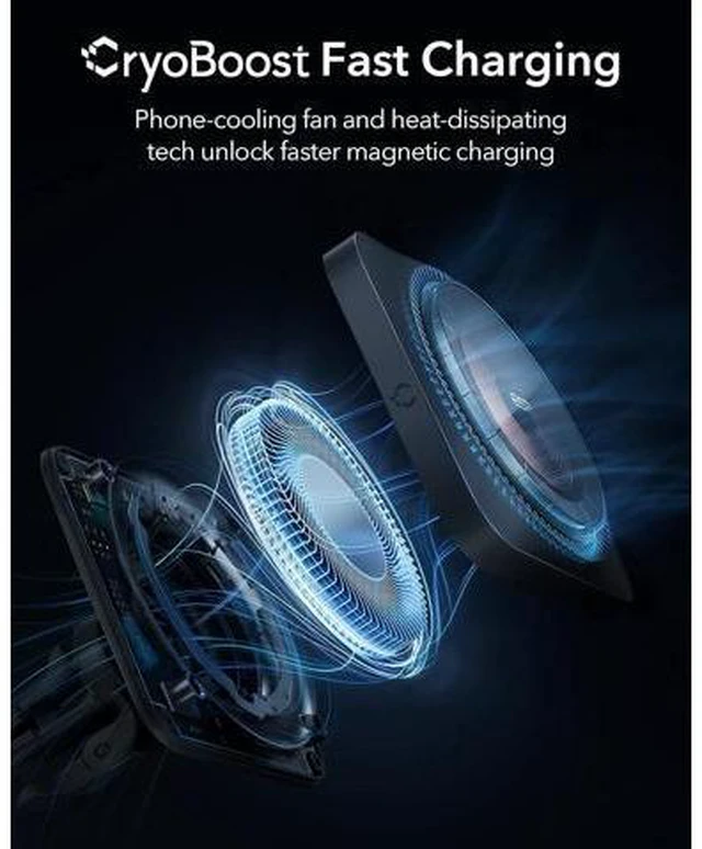 Alt view image 2 of 7 - ESR Magnetic Wireless Car Mount Charger with CryoBoost (HaloLock), Compatible with MagSafe Car Charger, Car Accessories for iPhone 14/13/12 Series, Fast Charging, Phone Cooling Charger, Frosted Onyx