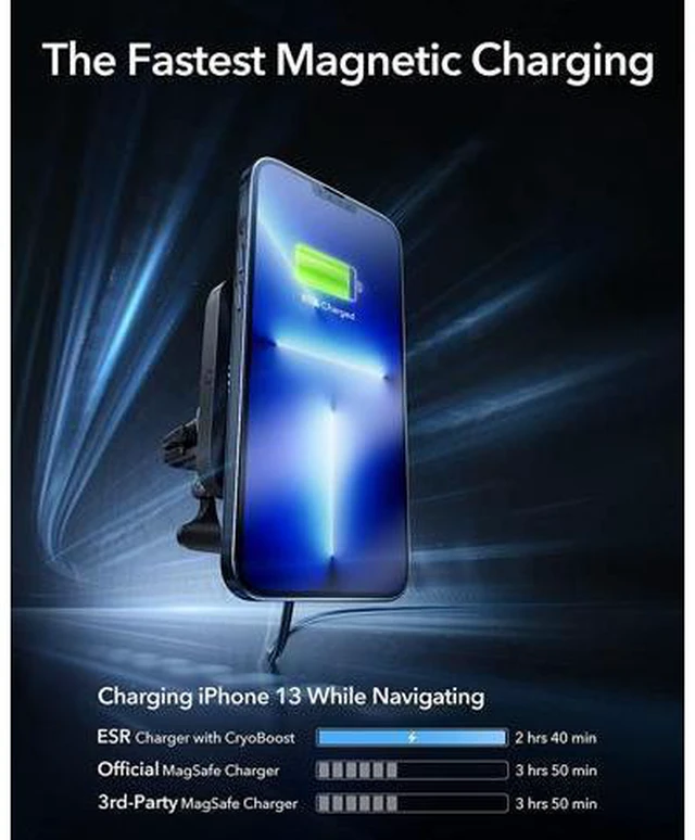 Alt view image 3 of 7 - ESR Magnetic Wireless Car Mount Charger with CryoBoost (HaloLock), Compatible with MagSafe Car Charger, Car Accessories for iPhone 14/13/12 Series, Fast Charging, Phone Cooling Charger, Frosted Onyx