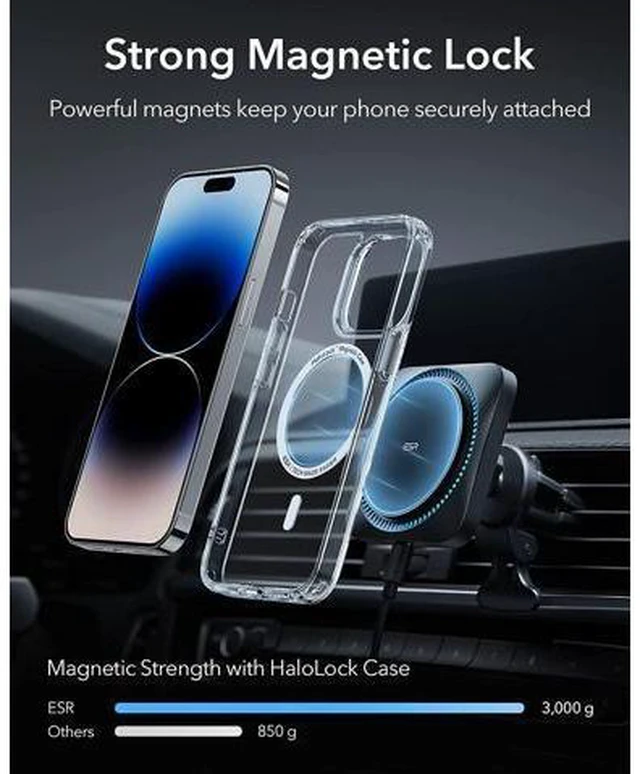 Alt view image 5 of 7 - ESR Magnetic Wireless Car Mount Charger with CryoBoost (HaloLock), Compatible with MagSafe Car Charger, Car Accessories for iPhone 14/13/12 Series, Fast Charging, Phone Cooling Charger, Frosted Onyx