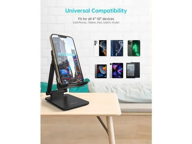 Alt view image 3 of 7 - MOMAX Cell Phone Stand, Phone Holder - Fully Foldable & Height Adjustable Mobile Stand for Desk, Compatible with iPhone 14 13 12 Mini Pro Max, iPad, Galaxy, Kindle, Switch, Phones & Tablets (4-10")