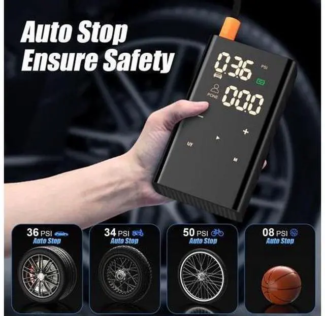 Alt view image 7 of 7 - Tire Inflator Portable Air Compressor for Car Tires, Cordless 150PSI Air Pump with 6600mAh Battery, Built-in Automatic Pressure Gauge & Emergency Light