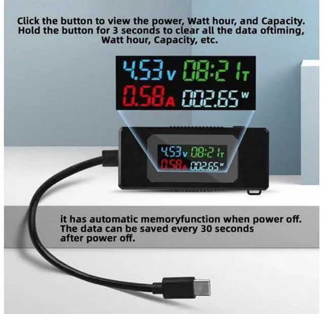 Alt view image 5 of 7 - Type-C Voltage Current Power Capacity, Working Time Ammeter Voltmeter USB Cable Charger Detector USB-C Tester 4-30V 0-6.5A Digital Multimeter