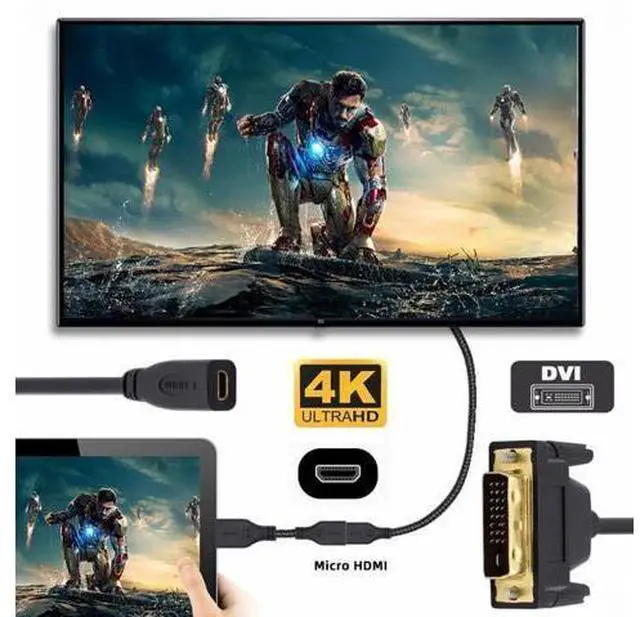 Alt view image 5 of 7 - DVI 24+1 Male to Micro HDMI 1.4 Type-D 4K Female Extension Cable for Computer HDTV Graphics Card UHD