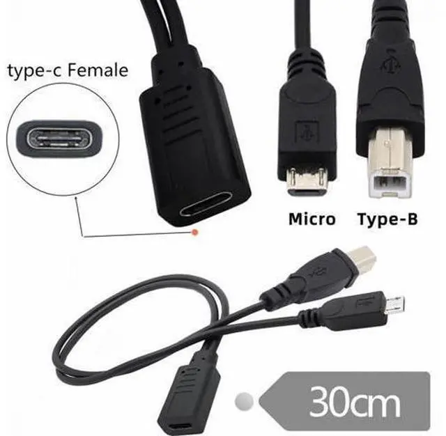 Alt view image 3 of 7 - Type-C USB-C Female to USB2.0 Standard Type-B & Micro USB Male Splitter Extension Charge Cable