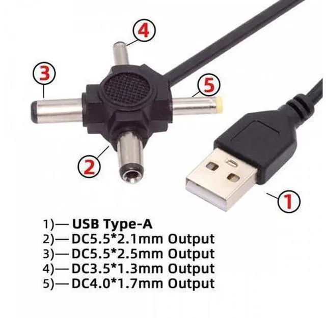 Alt view image 4 of 7 - USB 2.0 Type-A Male to 4-in-1 DC 5V 5.5x2.5mm 5.5x2.1mm 4.0x1.7mm 3.5x1.3mm Power Plug Barrel Connector Charge Cable