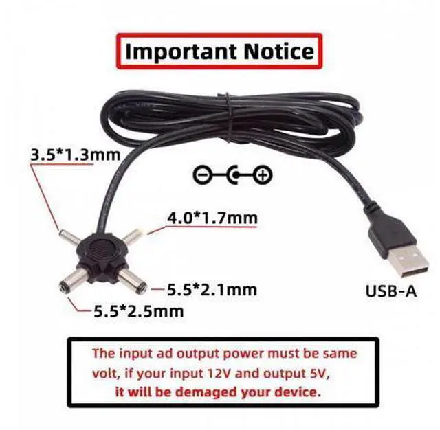 Alt view image 5 of 7 - USB 2.0 Type-A Male to 4-in-1 DC 5V 5.5x2.5mm 5.5x2.1mm 4.0x1.7mm 3.5x1.3mm Power Plug Barrel Connector Charge Cable