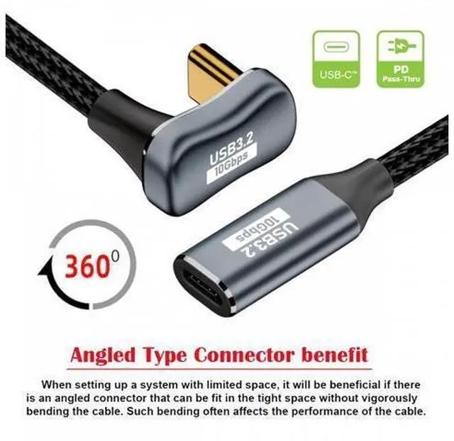 Alt view image 4 of 7 - 0.5M Opposite U Shape Back Angled USB-C USB 3.1 Type C Male to Female Extension Data Cable 10Gbps 100W with Sleeve