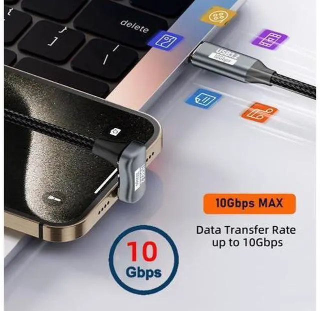Alt view image 7 of 7 - 0.5M Opposite U Shape Back Angled USB-C USB 3.1 Type C Male to Female Extension Data Cable 10Gbps 100W with Sleeve