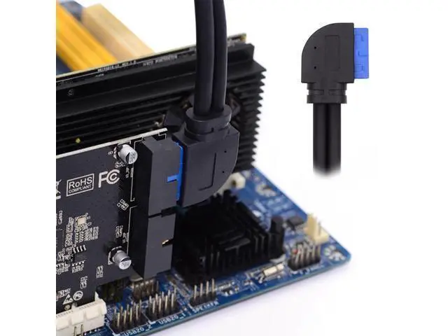 Alt view image 2 of 7 - HKCY Left Angled 19/20Pin Header to USB 3.0 Dual Ports Female Screw Mount Type Cable 90 Degree 5Gbps