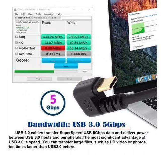 Alt view image 2 of 7 - CY Right Angled USB3.0 Type-A to Type C USB-C Male to Male Power Data Cable 5Gbps USB-C Opposite U Shape Back Angled