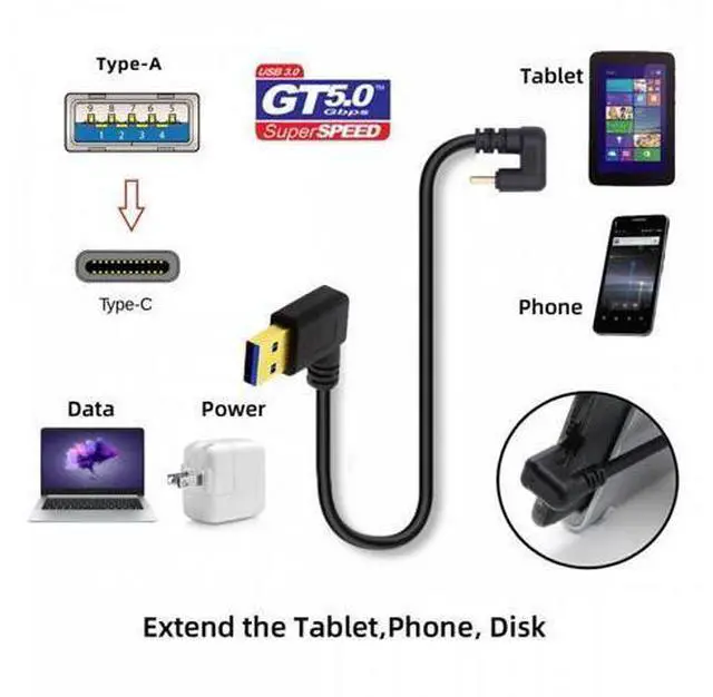 Alt view image 7 of 7 - CY Right Angled USB3.0 Type-A to Type C USB-C Male to Male Power Data Cable 5Gbps USB-C Opposite U Shape Back Angled