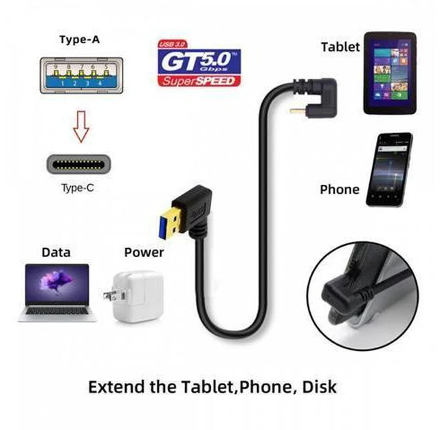 Alt view image 7 of 7 - Left Angled USB3.0 Type-A to Type C USB-C Male to Male Power Data Cable 5Gbps USB-C Opposite U Shape Back Angled