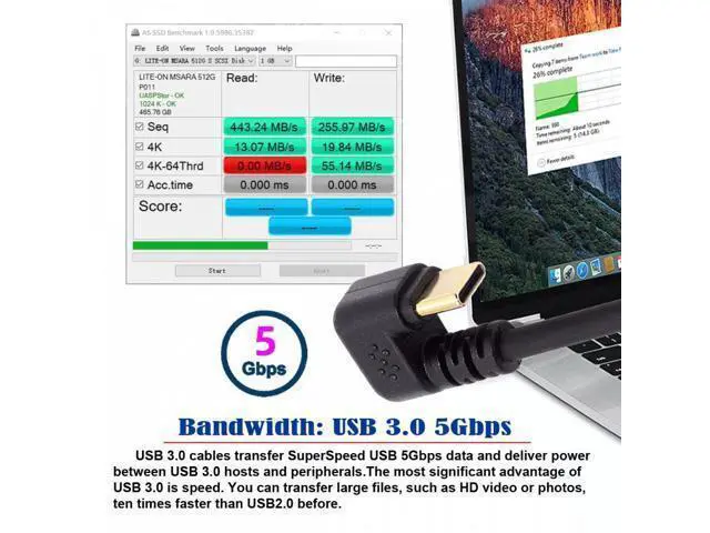 Alt view image 2 of 7 - Down Angled USB3.0 Type-A to Type C USB-C Male to Male Power Data Cable 5Gbps USB-C Opposite U Shape Back Angled