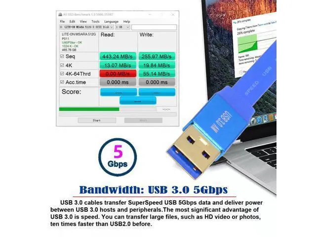 Alt view image 2 of 7 - Ultra Flat Slim USB 3.0 Type-A Male to USB3.0 A Male Cable Extension Blue 5Gbps for Disk SSD Camera Data