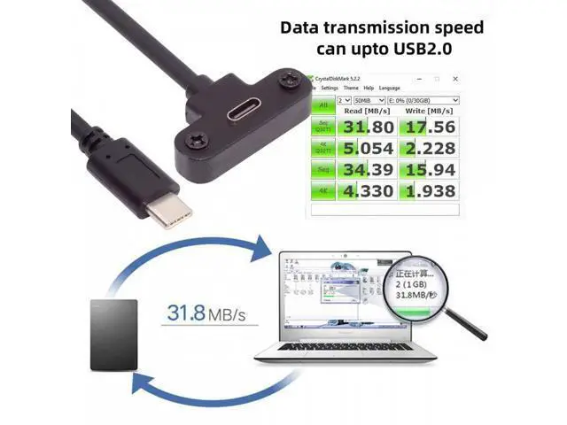 Alt view image 3 of 7 - USB-C 480Mbps Type-C Male to Up Angled Female Extension Data Screw Locking Cable for Camera VR