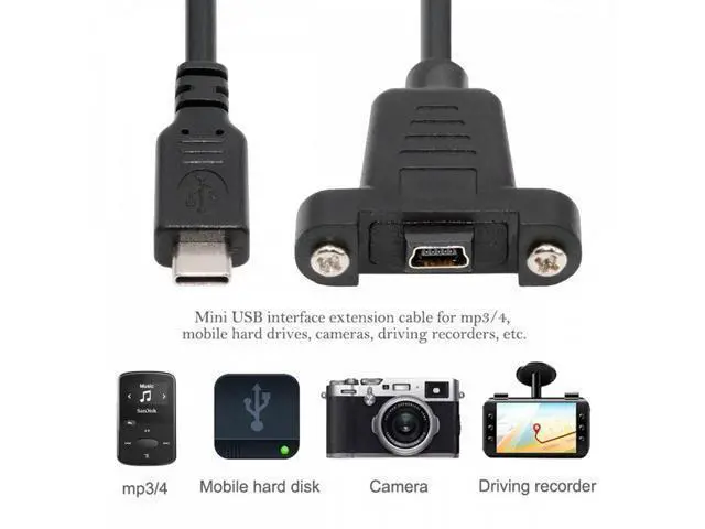 Alt view image 3 of 7 - USB2.0 Mini 5Pin Female to Type-C USB-C Male Power Cable 480Mbps Data with Panel Mount Holes 30cm