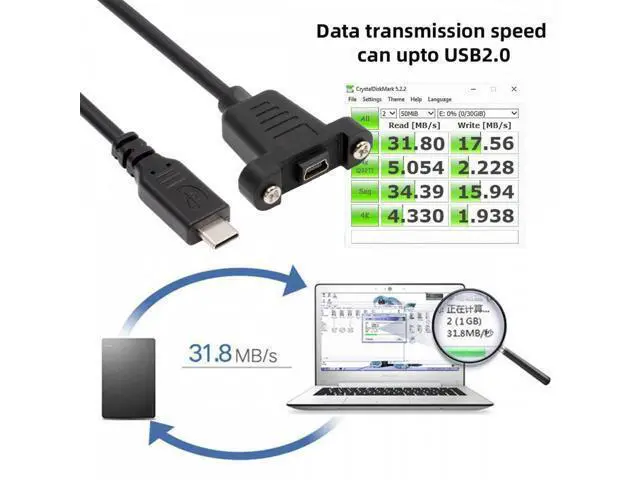Alt view image 6 of 7 - USB2.0 Mini 5Pin Female to Type-C USB-C Male Power Cable 480Mbps Data with Panel Mount Holes 30cm
