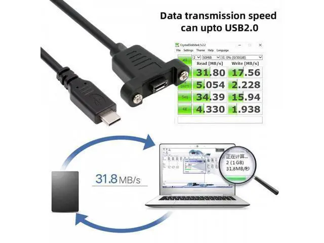Alt view image 6 of 7 - USB2.0 Micro 5Pin Female to Type-C USB-C Male Power Cable 480Mbps Data with Panel Mount Holes 50cm