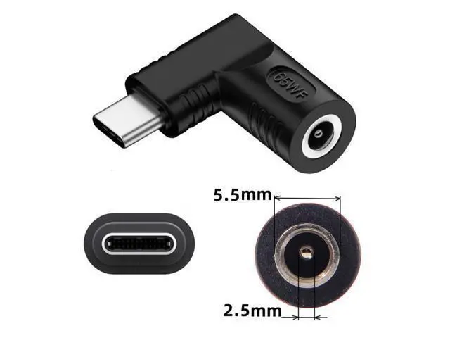 Alt view image 3 of 7 - HKCY DC Jack 5.5x2.5mm Input to USB-C Type-C Angled 90 Degree Power Plug Charge Adapter for Laptop Phone