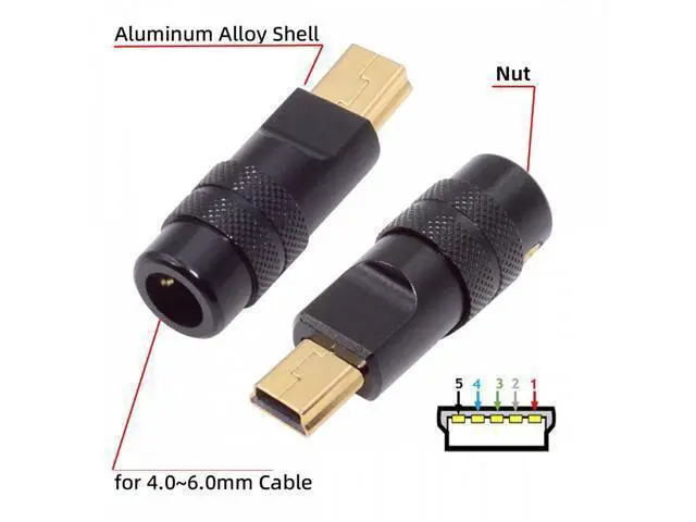 Alt view image 4 of 7 - Mini USB2.0 5Pin Male Plug Connector Solder Type with Aluminum Alloy Shell Black Customization for 4.0mm~6.0mm Cable