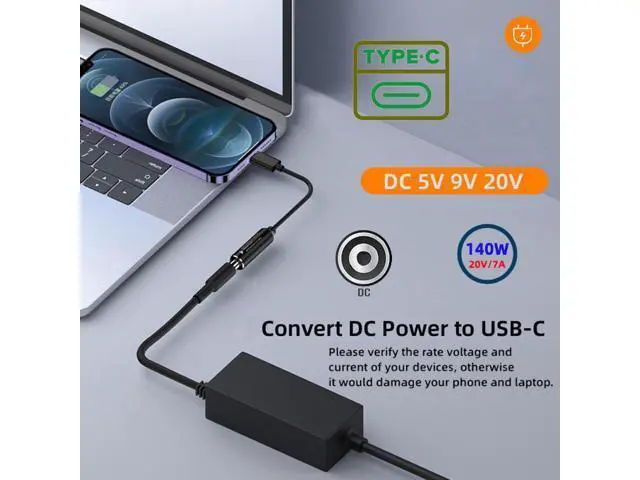 Alt view image 7 of 7 - DC Jack 4.5X3.0mm Input to USB-C Type-C Power 140W Charge Cable for Laptop Phone PD9V 5V 20V7A