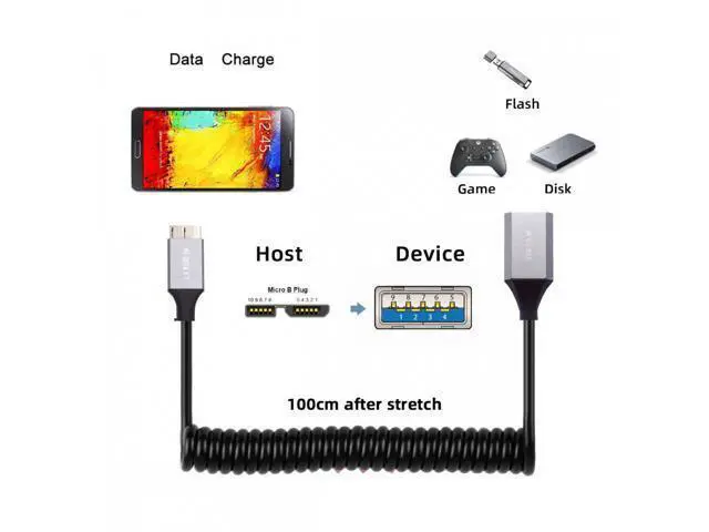Alt view image 6 of 7 - Micro-USB3.0 Male Host to USB3.0-A Female OTG Stretch Coiled Cable 100cm Extension 5Gbps for Disk Phone Camera Data