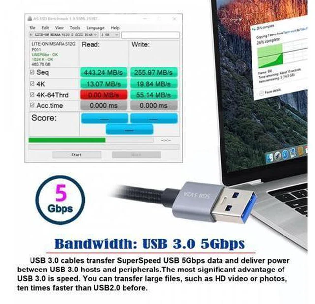 Alt view image 2 of 7 - USB 3.0 Type-A Male to Standard 3.0 B Male Cable Silver 5Gbps for Disk SSD Camera Data 30cm