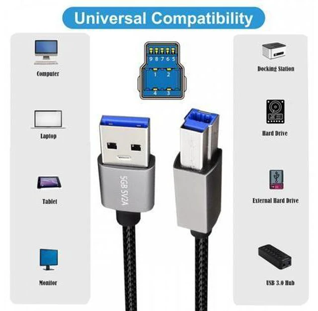 Alt view image 5 of 7 - USB 3.0 Type-A Male to Standard 3.0 B Male Cable Silver 5Gbps for Disk SSD Camera Data 30cm