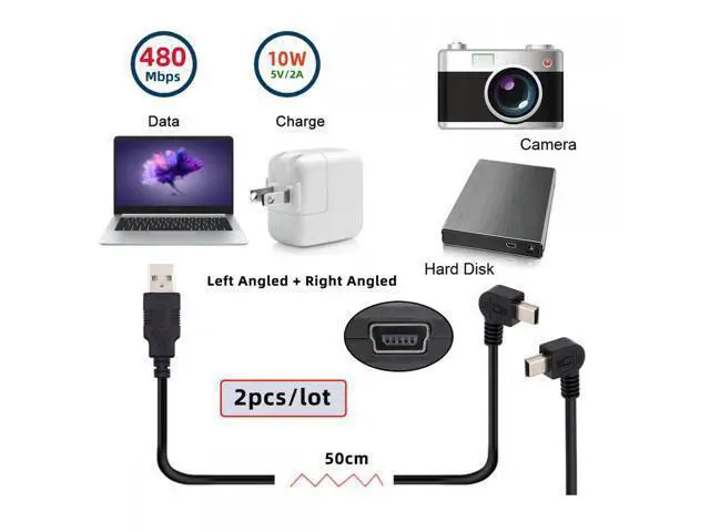 Alt view image 7 of 7 - 2pcs/lot Left & Right Angled Mini USB B Type 5pin Male 90 Degree to USB 2.0 Male Power Data Cable 50cm