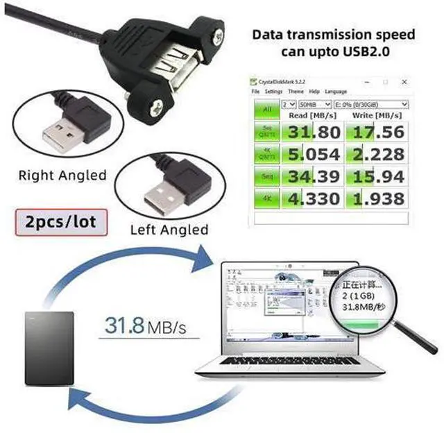 Alt view image 3 of 7 - Cable 2pcs/lot Left & Right Angled Type USB 2.0 Type-A Male to USB Female Extension Cable Panel Type 90 Degree 25cm