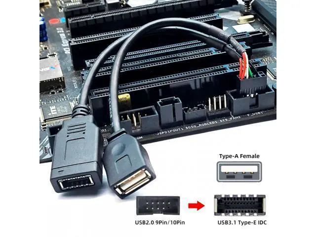 Alt view image 2 of 7 - Dual Port Type-A & USB 3.1 Front Panel Socket Key-A Type-E to USB 2.0 9Pin 10Pin Mainboard Header Male Extension Cable