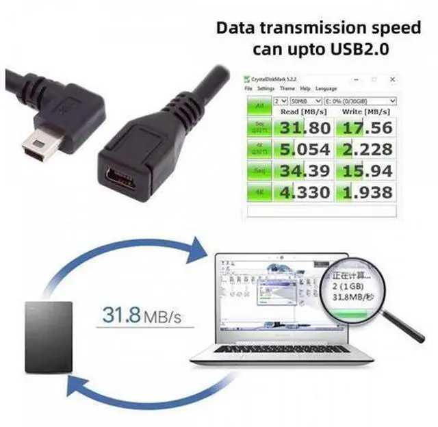Alt view image 2 of 7 - 90 Degree Right Angled Mini USB 5Pin Male to Female Extension Cable 30cm for GPS Camera