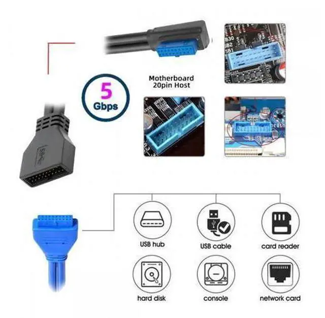 Alt view image 7 of 7 - Right Angled USB 3.0 20Pin 19Pin Male Low Profile to Female Extension 5Gbps Cable 90 Degree for Motherboard