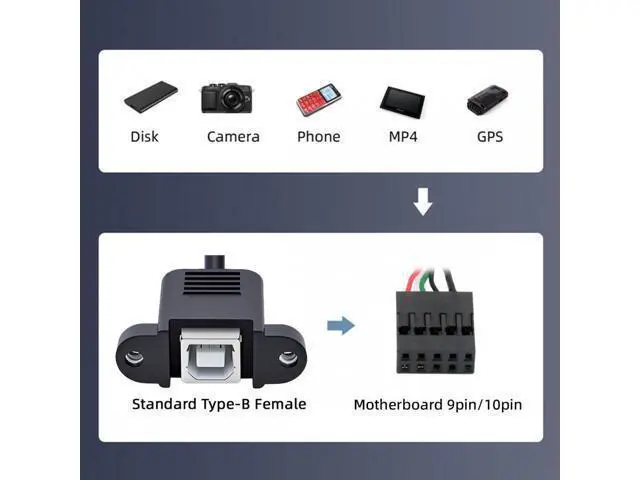 Alt view image 7 of 7 - USB 2.0 Motherboard 9pin 10pin Header to Standard Type-B Female Extension cable with Nuts for Panel Mount