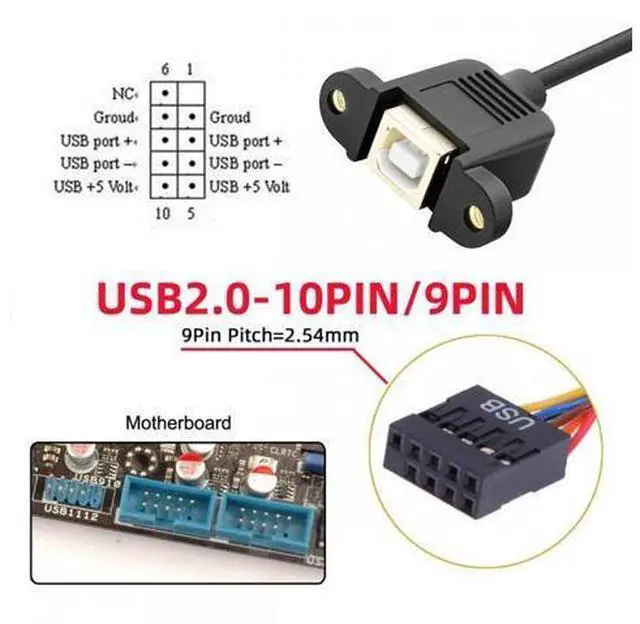 Alt view image 6 of 7 - USB 2.0 Motherboard 9pin 10pin Header to Standard Type-B Female Extension cable with Nuts for Panel Mount