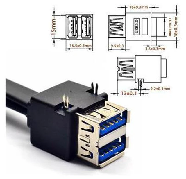 Alt view image 2 of 7 - Stackable Dual Port USB 3.0 Female Type-A DIP Type to Motherboard 20Pin 19Pin Header Cable with Fixed Feet 50cm