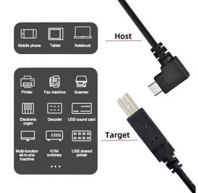 Alt view image 4 of 7 - Cable Left Angled 90 Degree Micro USB OTG to Standard B Type Cable for Printer Scanner Disk Lectronic Musical Instrument Midi Keyboard (60cm)