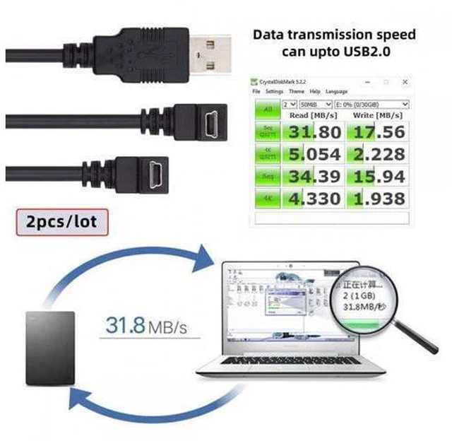 Alt view image 3 of 7 - Cable 2pcs/lot Down & Up Angled Mini USB B Type 5pin Male 90 Degree to USB 2.0 Male Power Data Cable 50cm