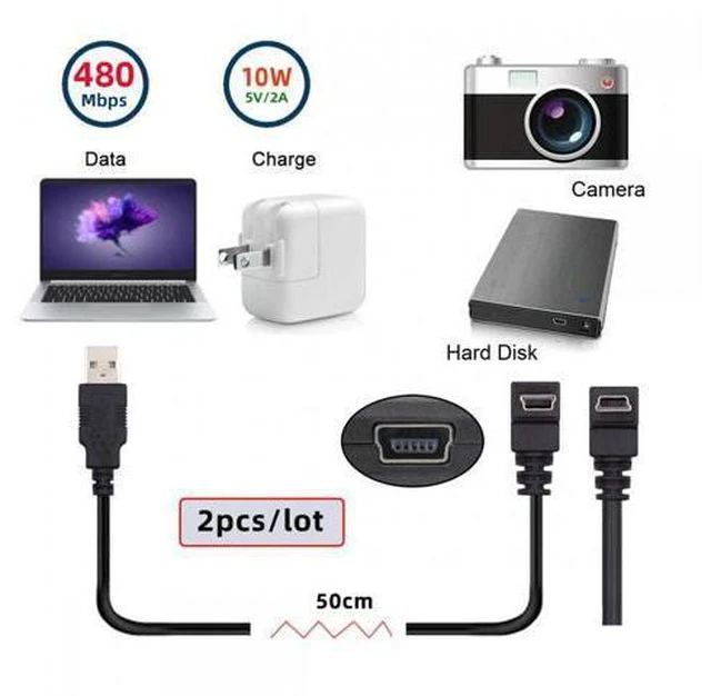 Alt view image 7 of 7 - Cable 2pcs/lot Down & Up Angled Mini USB B Type 5pin Male 90 Degree to USB 2.0 Male Power Data Cable 50cm