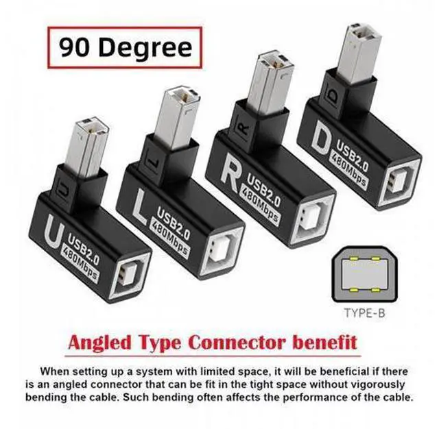 Alt view image 3 of 7 - 4pcs/lot USB 2.0 Type-B Male to Female Extension Adapter Horizontal Vertical Angled 90 Degree for Printer Scanner
