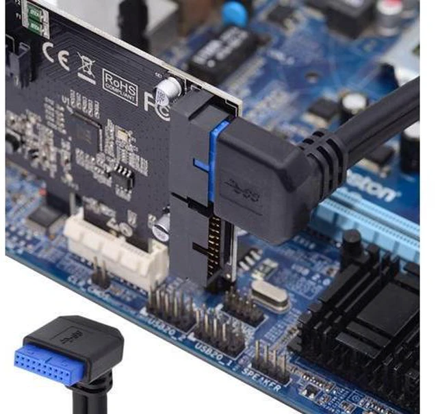 Alt view image 2 of 7 - HKCY Up Angled 19/20Pin Header to USB 3.0 Dual Ports Female Screw Mount Type Cable 90 Degree 5Gbps