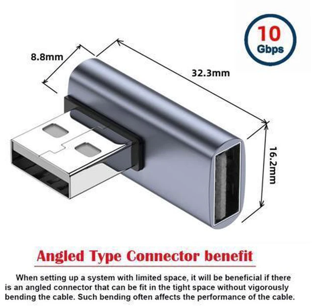 Alt view image 3 of 7 - HKCY 10Gbps USB3.0 Male to Female Extension Power Data Video Adapter Low Profile 90 Degree Right Angled Type