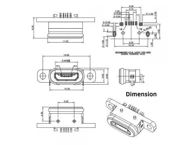 Alt view image 2 of 7 - 5pcs/set DIY OEM USB2.0 Micro-B Female Receptacle Socket Connector with Mounting Waterproof SMT Type 480Mbps